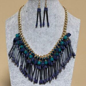 Navy Blue lucite Bead dangle From Gold Tone Link Necklace earring set